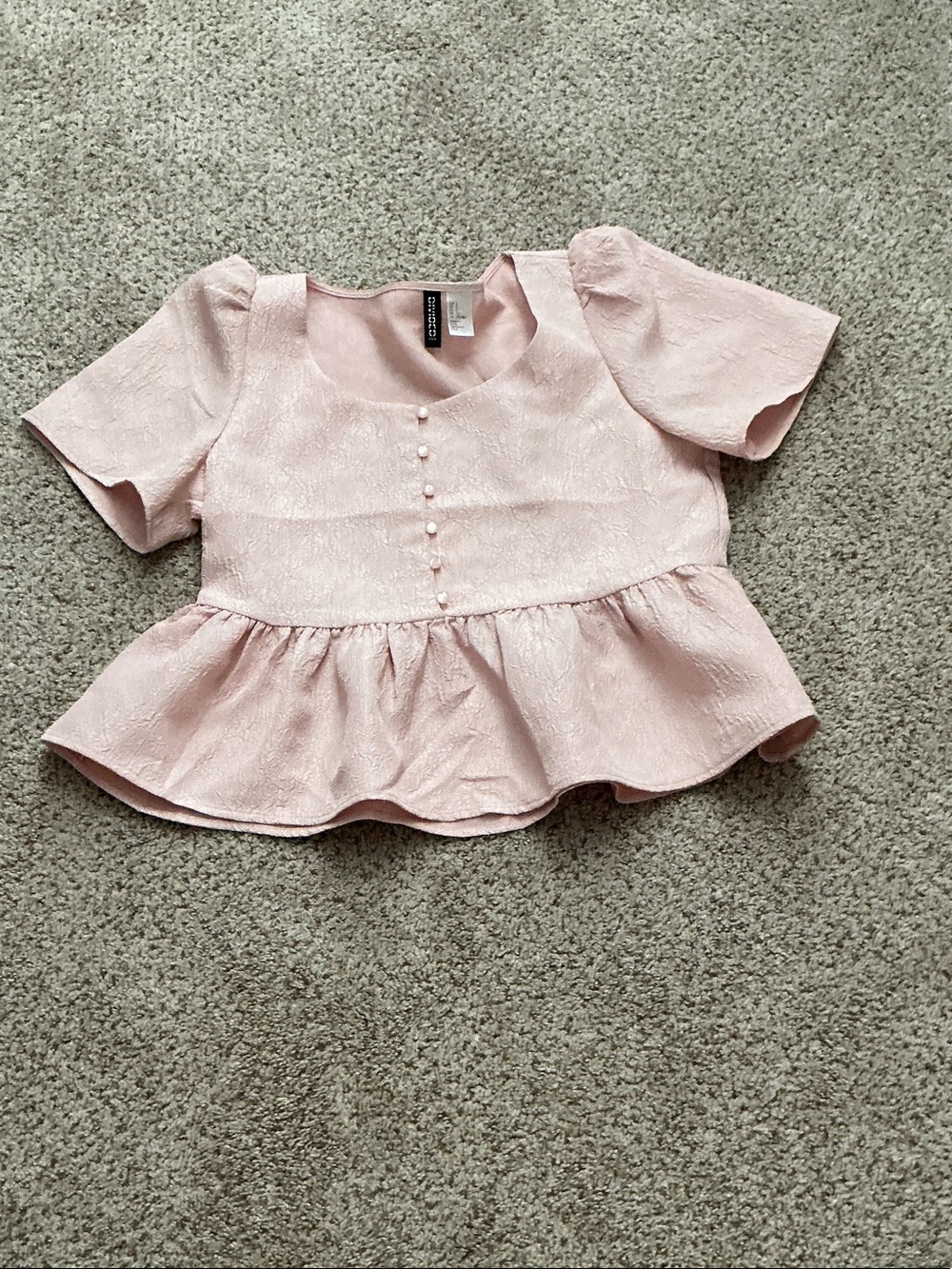 Divided Soft Pink Peplum Top with Pearl Buttons